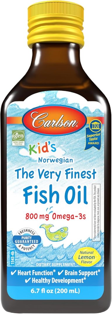 CARLSON - LÍQUIDO DE ACEITE DE PESCADO THE VERY FINEST PARA NIÑOS, 800 MG DE OMEGA-3, NORUEGO, ACEITE DE PESCADO CAPTURADO EN LA