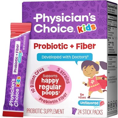 PHYSICIAN’S CHOICE KIDS PROBIOTIC + FIBER – 24 STICK PACKS – 10 BILLONES CFU – PROBIÓTICO INFANTIL CON FIBRA PREBIÓTICA