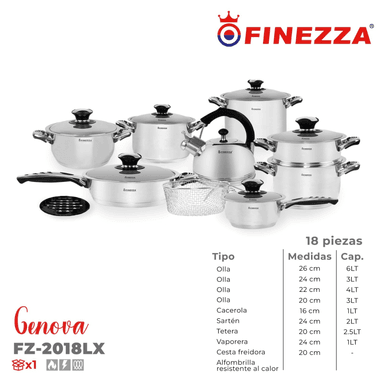 JUEGO DE OLLAS DE 18 PIEZAS FINEZZA FZ-2018LX DE ACERO INOXIDABLE