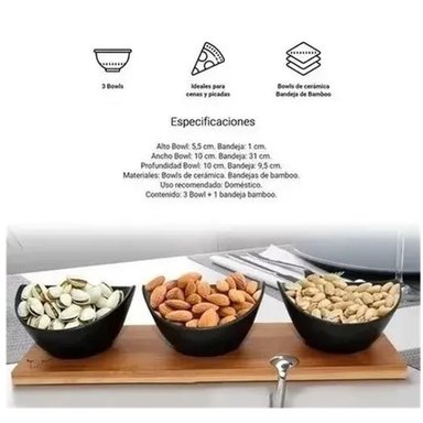 SET DE 3 BOWLS APERITIVO WAYU CON BANDEJA DE BAMBOO