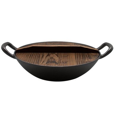 WOK DE HIERRO FUNDIDO CON TAPA DE MADERA WAYU 32 CM DIAMETRO