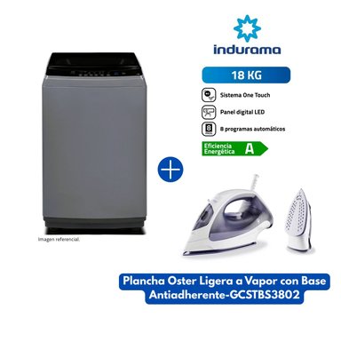 LAVADORA INDURAMA AUTOMÁTICA 18 KG CARGA SUPERIOR GRIS LRI-18DGR + PLANCHA OSTER A VAPOR GCSTBS3802 - 1