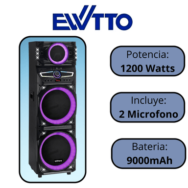PARLANTE EWTTO TORRE 1200 WATTS 9000MAH BT/USB/TF/MIC/LUZ RGB/FM + 2 MICRÓFONOS ET-P5817MBC (2026) - 1