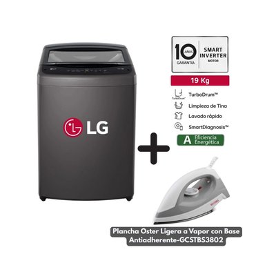 LAVADORA LG 19 KG SUPERIOR TURBO DRUM NEGRO WT19BVTB + PLANCHA A VAPOR OSTER 1200 W GCSTBS3802 - 1