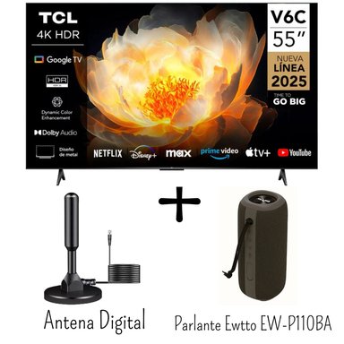 TELEVISOR TCL 55 PULGADAS 4K HDR GOOGLE TV 55V6C + ANTENA DIGITAL + PARLANTE EWTTO EW-P110BA IPX6 - 1