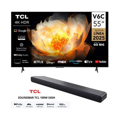 TELEVISOR TCL 55 PULGADAS 4K HDR GOOGLE TV SMART TV 55V6C + SOUNDBAR TCL BLUETOOTH 2.0 S45H NEGRO - 1