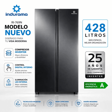 REFRIGERADORA INDURAMA 428 LITROS NO FROST SIDE BY SIDE NEGRO RI-769N (NUEVO MODELO) - 1