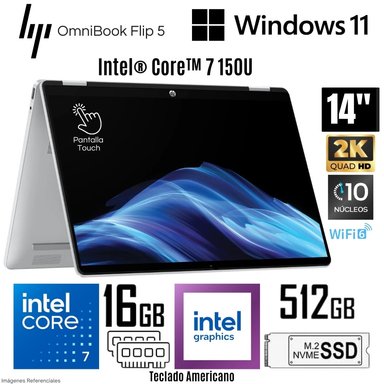LAPTOP HP OMNIBOOK 5 FLIP 14-FP0023DX  INTEL CORE 7 150U 16GB RAM 512GB SSD 14'  2K TOUCH - SILVER