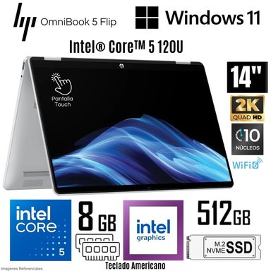LAPTOP HP OMNIBOOK 5 FLIP 14-FP0013DX INTEL CORE 5 120U 8GB RAM 512GB SSD 14' 2K TOUCH - SILVER