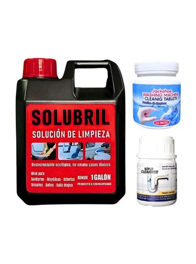 SOLUCIÓN DE PISOS SOLUBRIL + PASTILLA PARA LAVADORA + DESATORADOR DE TUBERÍAS