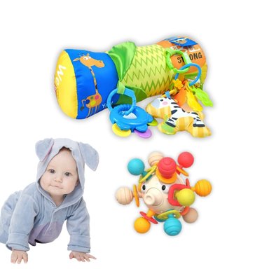 PACK SENSORIAL RODILLO DE ESTIMULACION Y SONAJERO OJITOS PARA BEBÉ