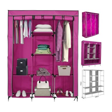 ROPERO DE TELA REFORZADO ARMABLE PORTÁTIL 3 CUERPOS Y 8 DIVISIONES - 130X45X175 CM ROSADO