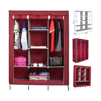 ROPERO DE TELA REFORZADO ARMABLE PORTÁTIL 3 CUERPOS Y 8 DIVISIONES - 130X45X175 CM ROJO VINO