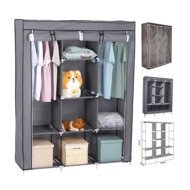 ROPERO DE TELA REFORZADO ARMABLE PORTÁTIL 3 CUERPOS Y 8 DIVISIONES - 130X45X175 CM GRIS - 1
