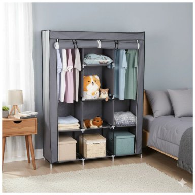 ROPERO DE TELA REFORZADO ARMABLE PORTÁTIL 3 CUERPOS Y 8 DIVISIONES - 130X45X175 CM GRIS - 6
