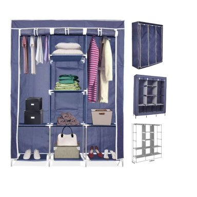 ROPERO DE TELA REFORZADO ARMABLE PORTÁTIL 3 CUERPOS Y 8 DIVISIONES - 130X45X175 CM AZUL