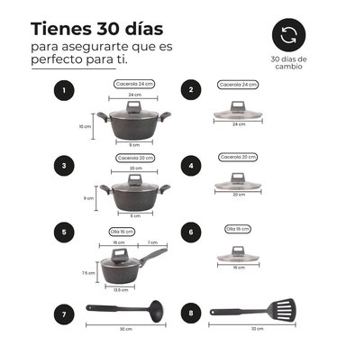 SET X8 OLLAS ALUMINIO FORJADO CON TAPA DE VIDRIO + UTENSILIOS - 2