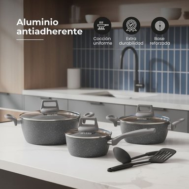 SET X8 OLLAS ALUMINIO FORJADO CON TAPA DE VIDRIO + UTENSILIOS - 3