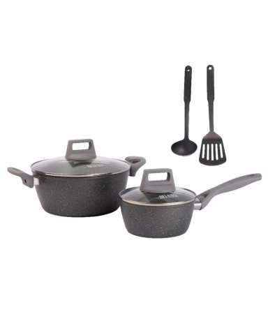 SET X6: OLLAS ALUMINIO FORJADO CON TAPA DE VIDRIO + UTENSILIOS