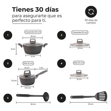 SET X6: OLLAS ALUMINIO FORJADO CON TAPA DE VIDRIO + UTENSILIOS - 2