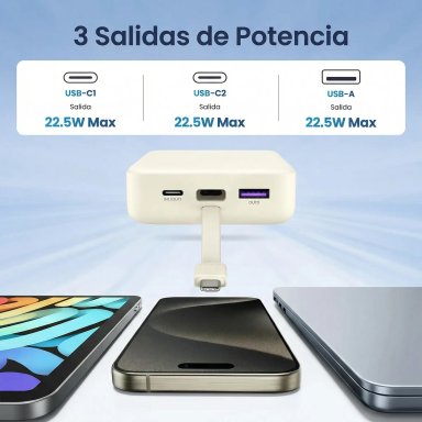 POWER BANK UGREEN 20,000 MAH 22.5W BEIGE CON CABLE USB-C - 6