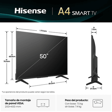 TELEVISOR SMART TV HISENSE FULL HD 50” 50A4NV - 2