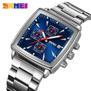 RELOJ SKMEI 9331 PLATEADO CON FONDO AZUL ANALÓGICO CRONÓMETRO