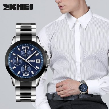 RELOJ SKMEI 9126 PLATEADO FONDO AZUL CRONÓMETRO