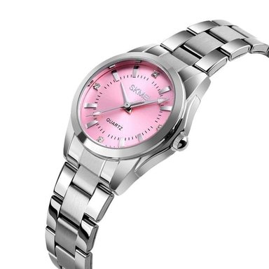 RELOJ SKMEI 1620 PLATEADO FONDO ROSADO CORREA ACERO PARA MUJER
