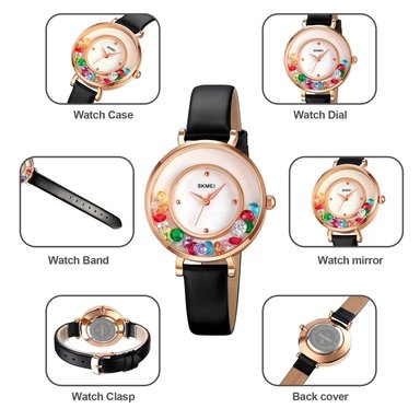 RELOJ SKMEI 2041 NEGRO BORDES ORO ROSA CORREA CUERO