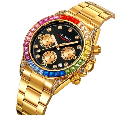 RELOJ SKMEI 2352 DORADO FONDO NEGRO BORDES MULTICOLOR CRONÓMETRO