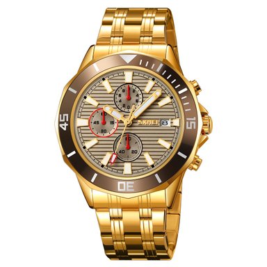 RELOJ SKMEI 9335 DORADO DETALLES GRIS CORREA ACERO
