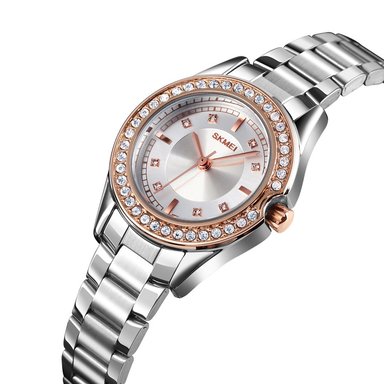 RELOJ SKMEI 1534 PLATEADO DETALLES ORO ROSA CORREA ACERO PARA MUJER