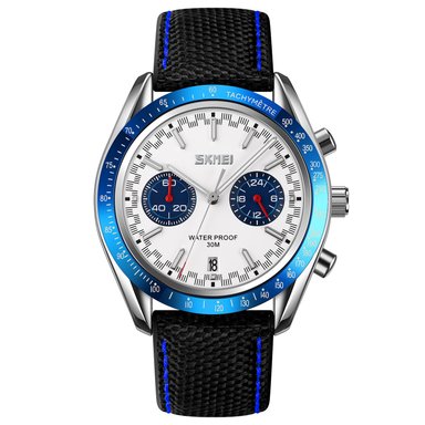 RELOJ SKMEI 9292 NEGRO DETALLES AZULES FONDO BLANCO CORREA CUERO