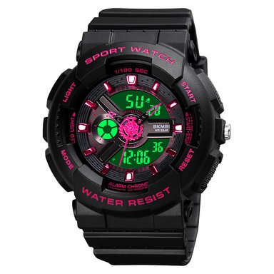 RELOJ SKMEI 1689 NEGRO CON DETALLES FUCSIA DAMA O NIÑAS