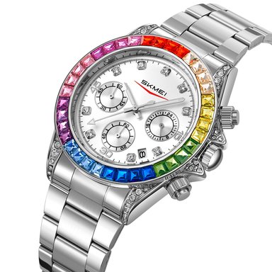 RELOJ SKMEI 2352 PLATEADO BORDES MULTICOLOR CRONÓMETRO