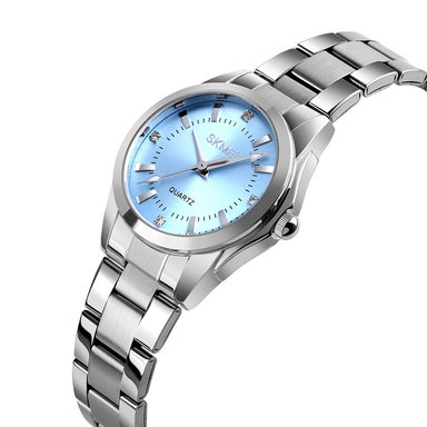 RELOJ SKMEI 1620 PLATEADO FONDO AZUL CORREA ACERO PARA MUJER
