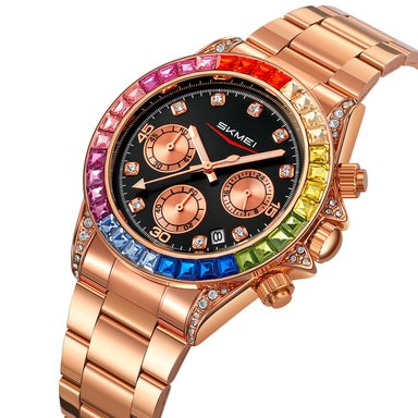 RELOJ SKMEI 2352 ORO ROSA FONDO NEGRO BORDES MULTICOLOR CRONÓMETRO