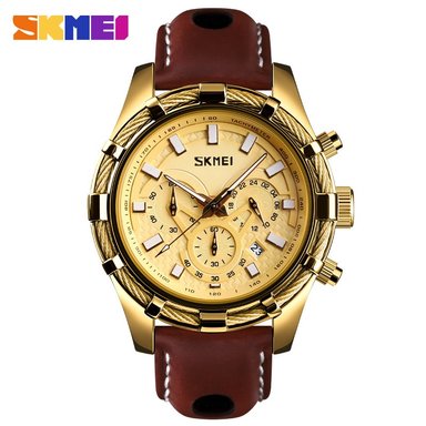 RELOJ SKMEI 9189 MARRÓN FONDO DORADO CORREA DE CUERO