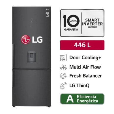 REFRIGERADORA GB46TGT 446L DOOR COOLING BOTTOM FREEZER NEGRO MATE LG 
