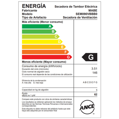 SECADORA DE ROPA MABE 9KG CARGA FRONTAL CON EVACUACIÓN SEM090VBBB0 - 6