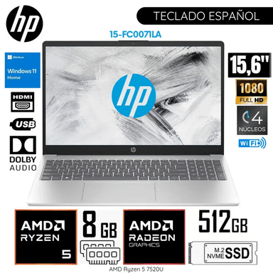 LAPTOP HP 15-FC0071LA AMD RYZEN 5 7520U 8GB DDR5 RAM 512GB SSD 15.6' FHD WIND 11