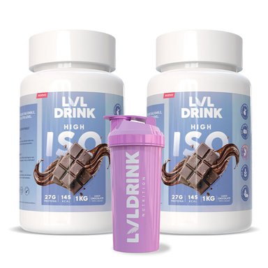 PACK DOBLE PROTEÍNA ISO 1KG LVLDRINK DE CHOCOLATE CON SHAKER
