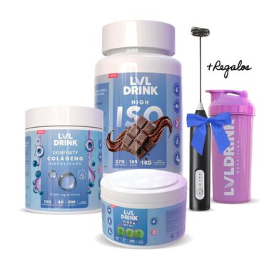 PACK COMPLETO LVLDRINK PROTEÍNA CHOCOLATE + COLÁGENO HIDROLIZADO + FIBRA DE MANZANA REGALO: BATIDOR Y SHAKER