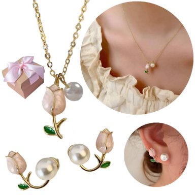 SET COLLAR Y ARETES DE TULIPAN CON PERLA DISEÑO UNICO