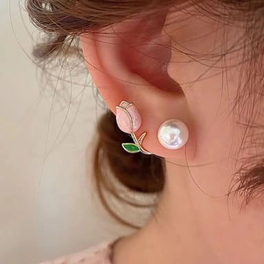 SET COLLAR Y ARETES DE TULIPAN CON PERLA DISEÑO UNICO - 2