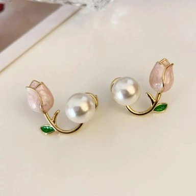 SET COLLAR Y ARETES DE TULIPAN CON PERLA DISEÑO UNICO - 2