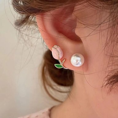 SET COLLAR Y ARETES DE TULIPAN CON PERLA DISEÑO UNICO - 3