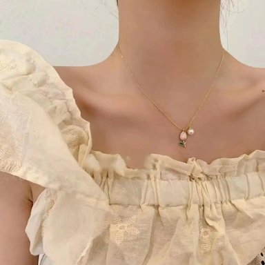SET COLLAR Y ARETES DE TULIPAN CON PERLA DISEÑO UNICO - 5