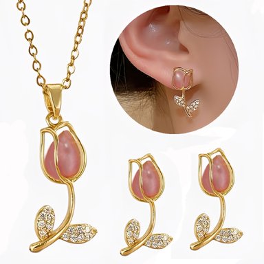 COLLAR Y ARETES DE TULIPAN MUJER DISEÑO EXCLUSIVO INCLUYE ESTUCHE